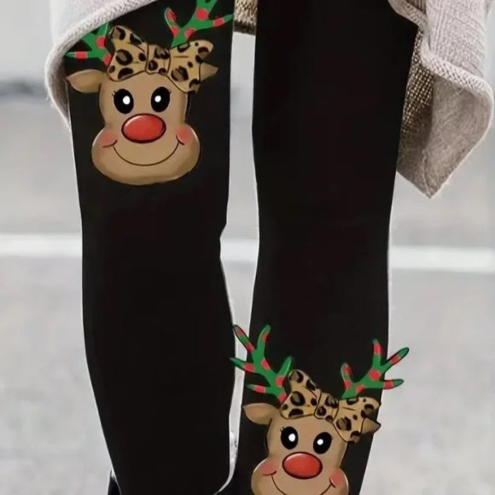 New Christmas Deer Print Leggings, Cute  High Waist Leggings L XL
